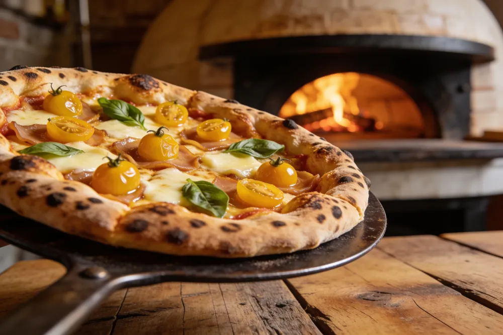 Pizza con pomodorino giallo e provola sulla pala