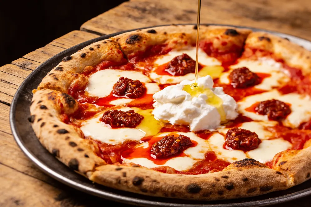 Pizza con nduja e stracciatella