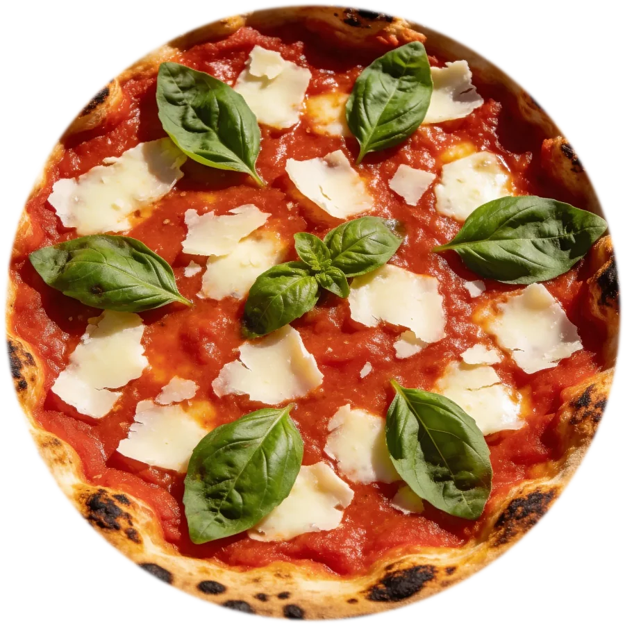 Una margherita vista dall'alto, con fior di latte e basilico
